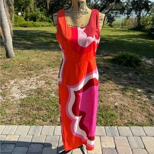 NWT WIHOLL Abstract Orange Pink White Straight Midi Dress Size Medium